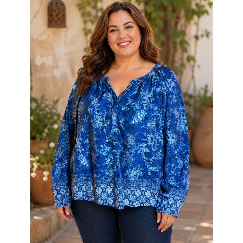 480. Boho Blue Floral Paisley Peasant Blouse Long Sleeve 3XL